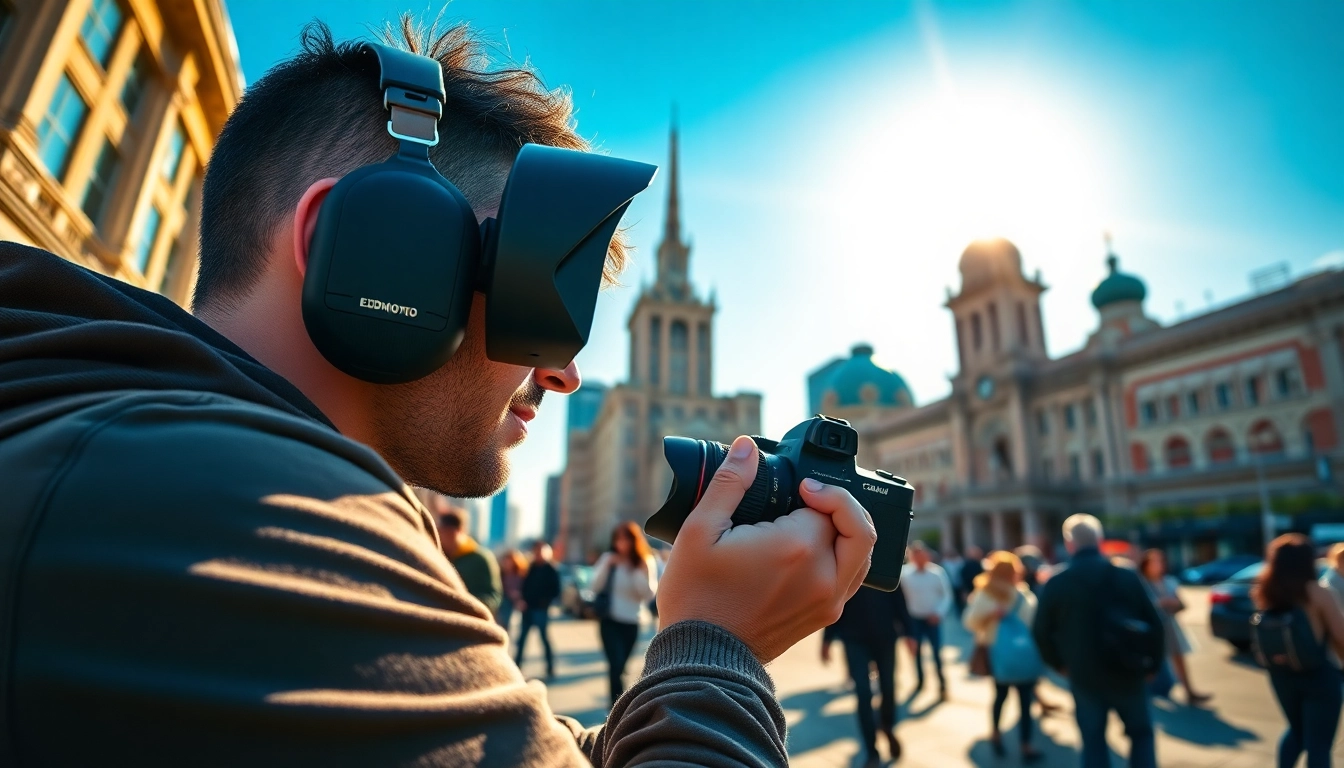 Dynamic scene of a photographer working in Edmonton, showcasing a vibrant city atmosphere and capturing memories.