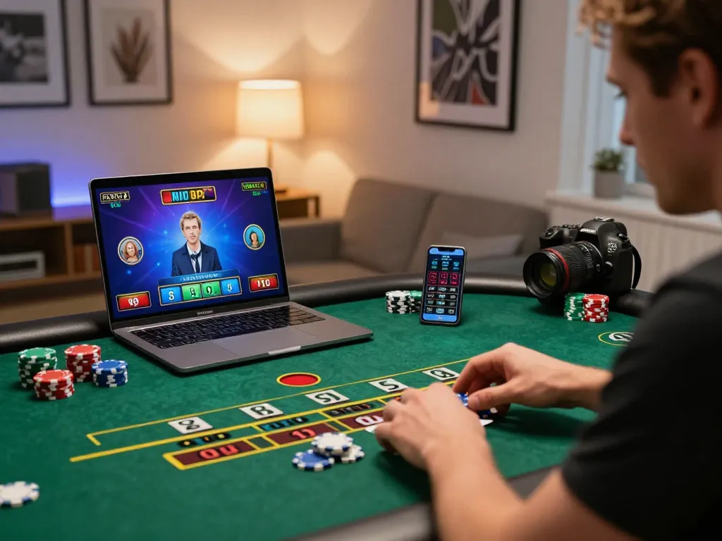 Engaging online baccarat gaming experience with vibrant interface and home office setting.