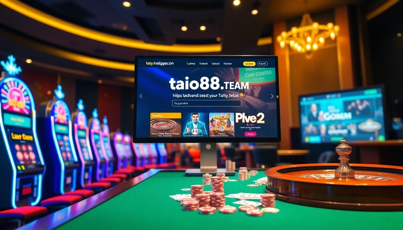 Gambling excitement at https://taigo88.team/ with vibrant slots and roulette wheel.