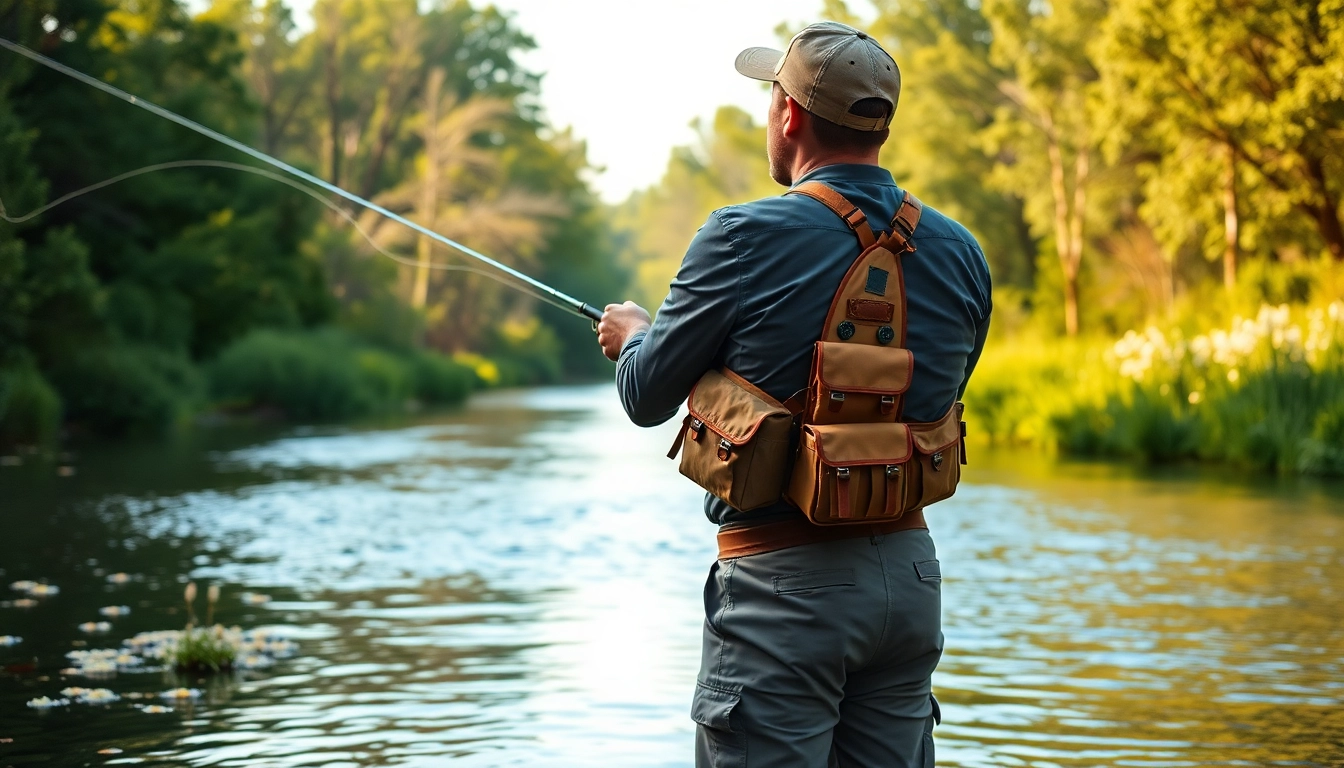 Angler casting with a fly fishing chest pack in scenic river setting, showcasing serene nature.