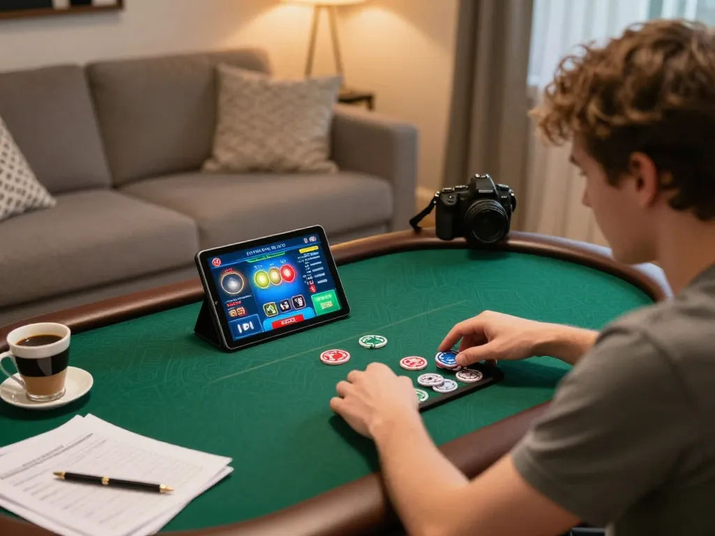 Orang yang merencanakan strategi dengan catatan sambil bermain poker Paris888 online di rumah.