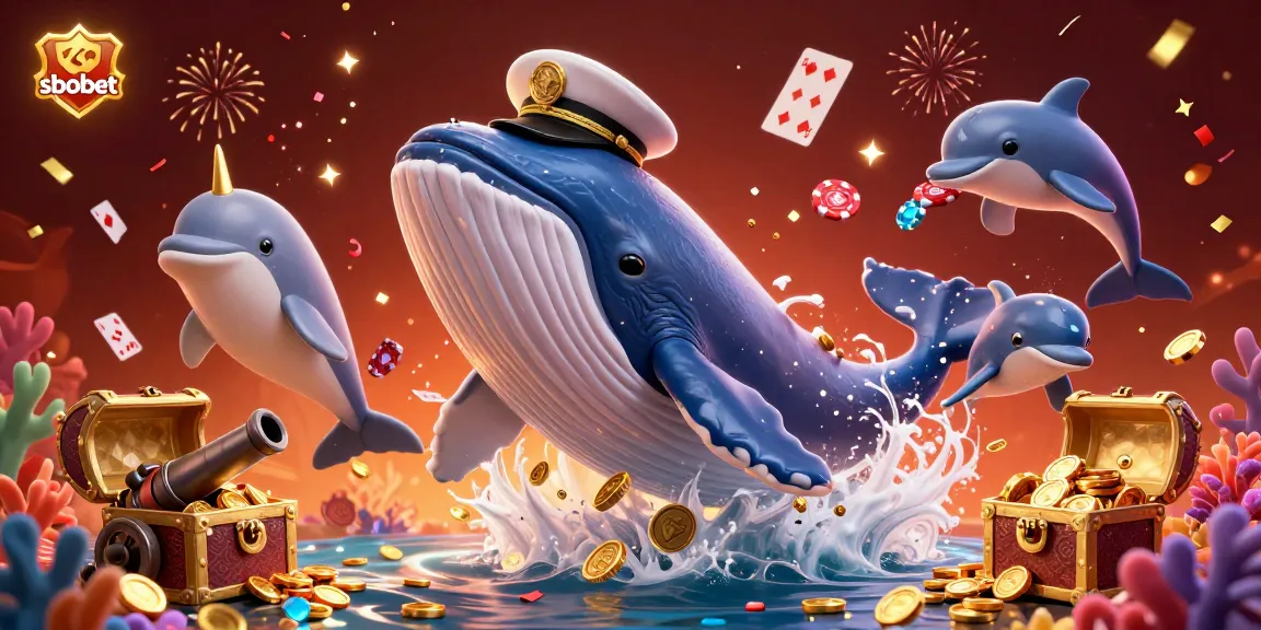 SBOBET's vibrant 3D cartoon scene with a whale and dolphins among gold coins, illustrating excitement in sports betting.