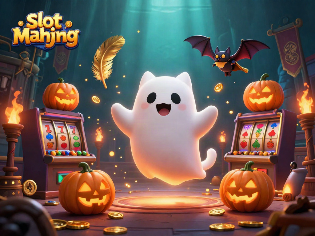 Play slot mahjong with a lively ghost cat in a haunted casino filled with vibrant slot symbols.