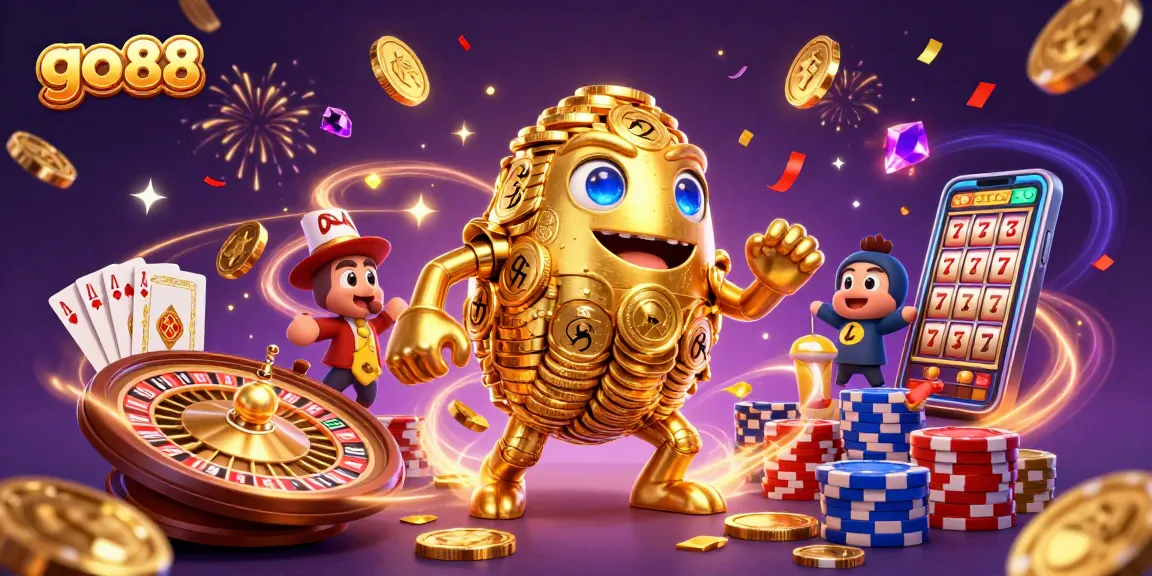 Experience the excitement of go 88 with golden golem and casino elements in a vibrant dynamic illustration.