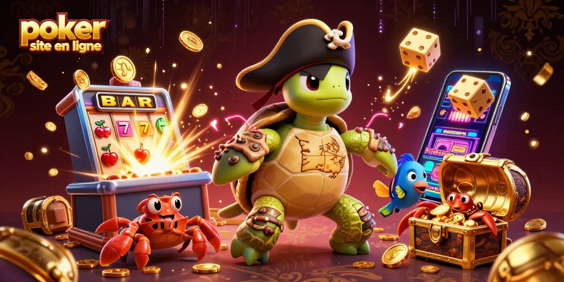 Jouer au poker en ligne avec cette illustration dynamique de tortue pirate, crabe et poisson.