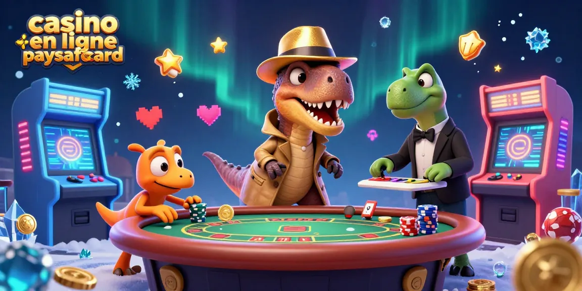 Casino en ligne paysafecard : un velociraptor au blackjack entouré de jeux illumine la scène ludique.