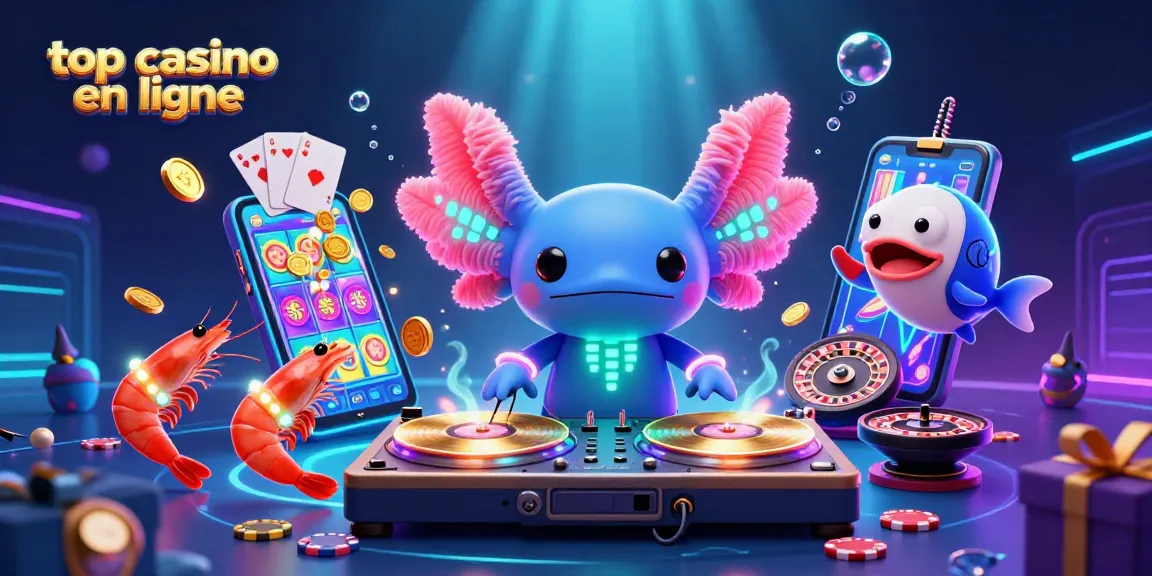 Découvrez le top casino en ligne avec un DJ axolotl vibrant entouré de crevettes dansantes et d'un poisson-battant.