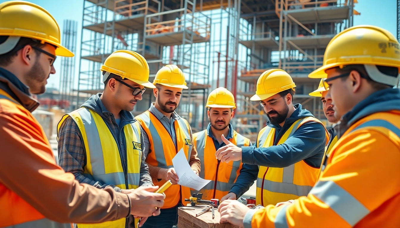 Workers engaged in construction apprenticeship training in a vibrant outdoor setting.