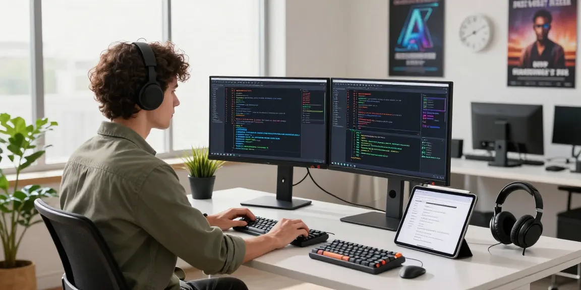 Innovative tech workspace with AI developer coding on multiple screens, showcasing crushonai in an inspiring atmosphere.