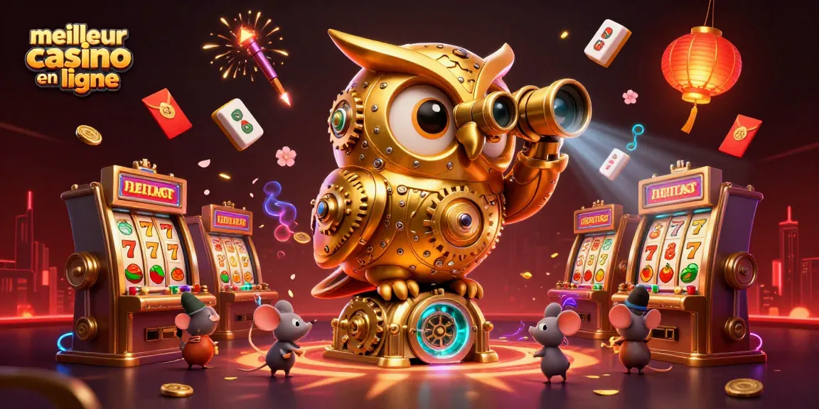 Admirez le meilleur casino en ligne où une chouette dorée surveille les jeux tandis que des souris s'affairent entre les machines à sous.