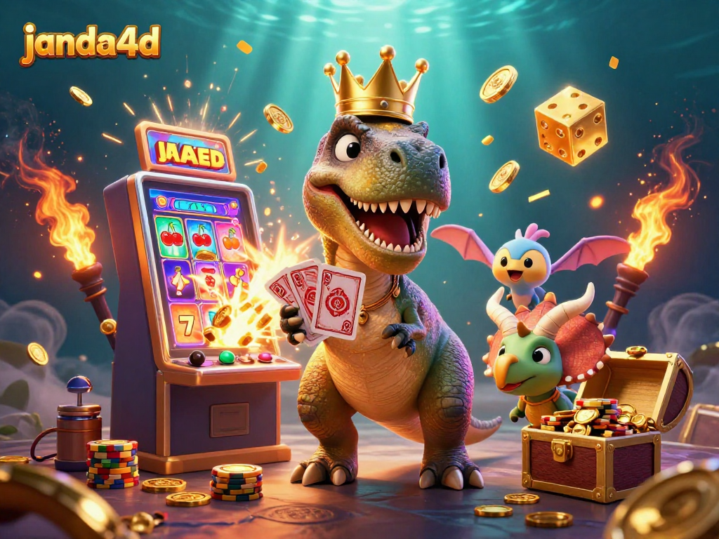 Janda4D menghadirkan T-Rex bermain kartu dan triceratops menumpuk chip emas di latar belakang kasino mewah.