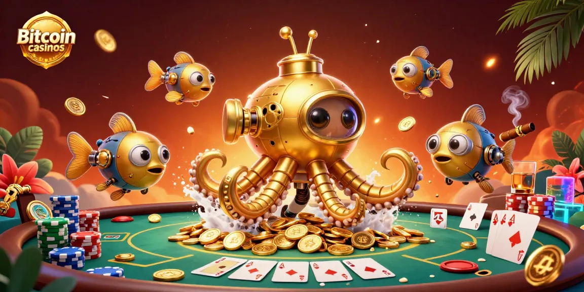 Découvrez l'univers des Bitcoin casinos à travers une illustration ludique avec une créature fantastique et des éléments de poker.