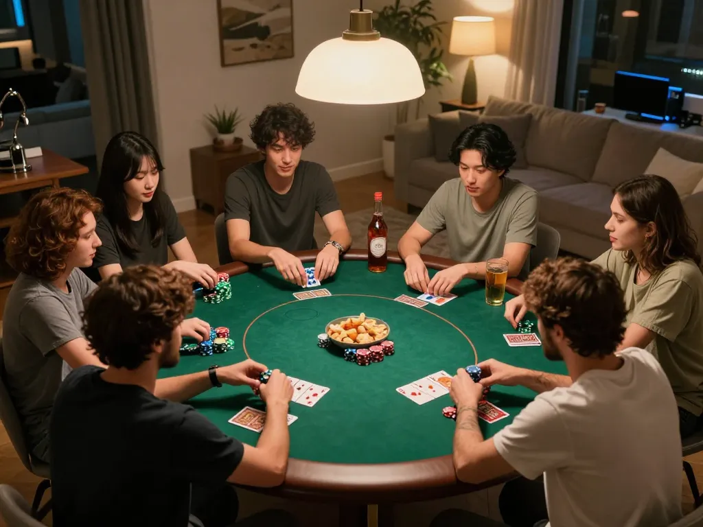 Players enjoying an exciting poker night with Cakhia TV as they analyze their cards and strategies.