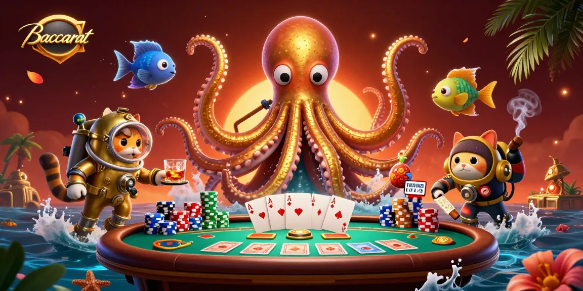 Baccarat scene with a giant kraken, a diving cat, and vibrant poker elements in action.