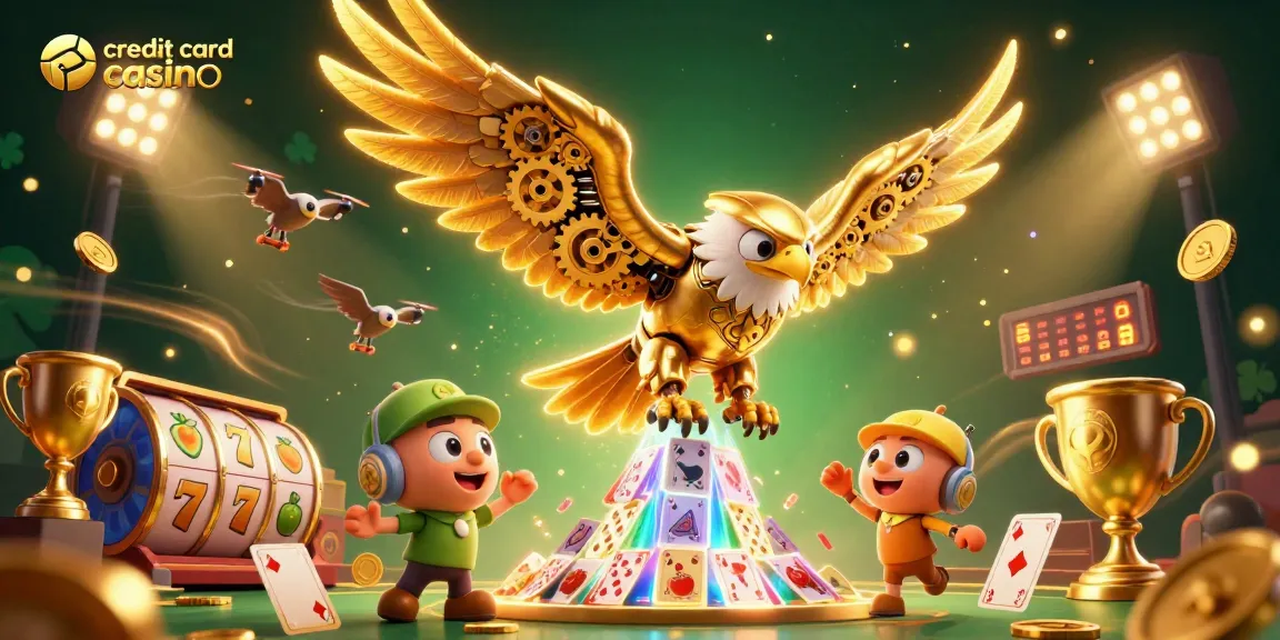 Experience excitement at a credit card casino with golden eagles and dynamic slot symbols.