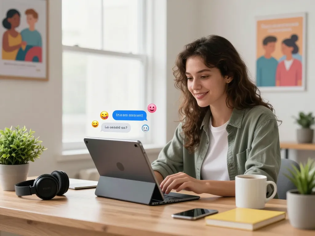 Engaging chat with an AI girlfriend on a tablet in a modern home office.