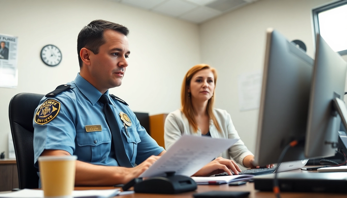 Conduct an Orange County inmate search with a police officer assisting a civilian in a professional environment.