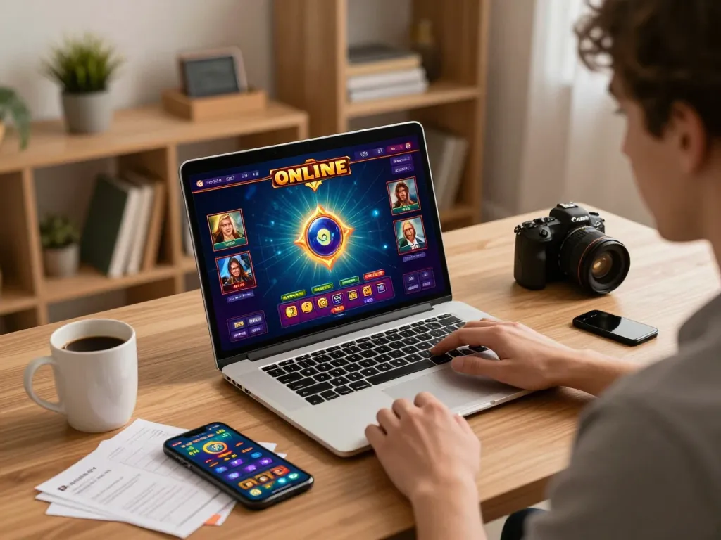 Engaging in online slots gameplay on a laptop with strategic notes in a cozy home office.