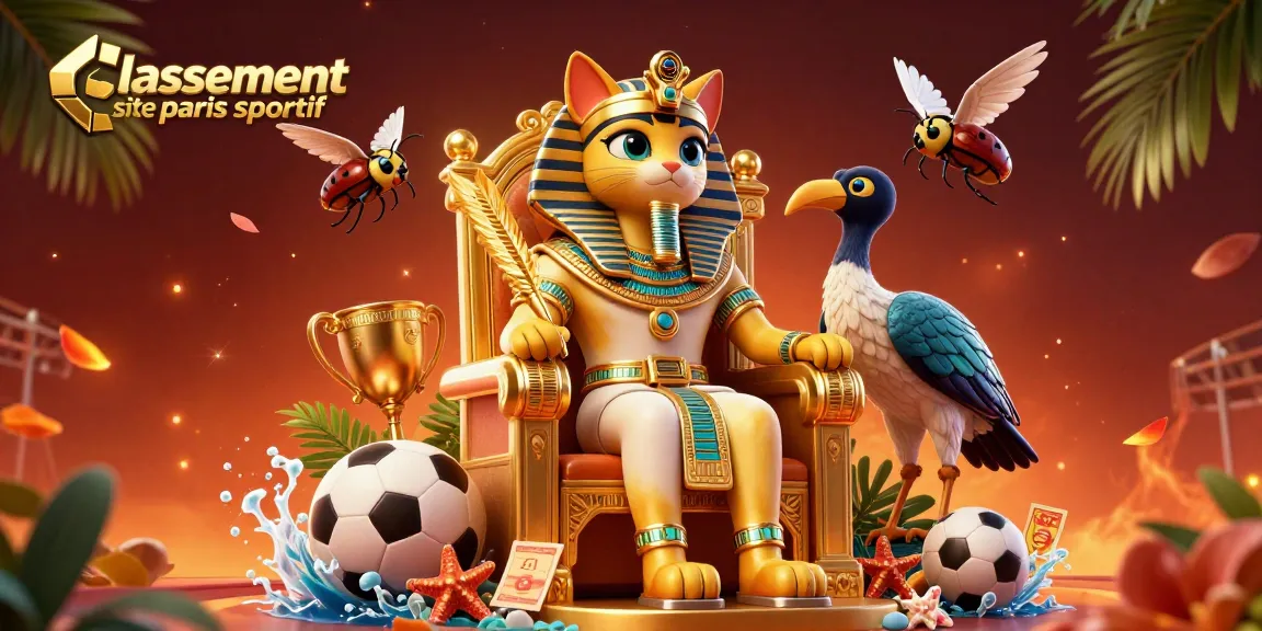 Image représentant le classement site paris sportif, avec un pharaon égyptien et des éléments de paris sportifs.