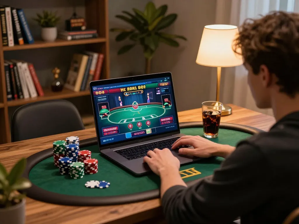 Dunrightbuildingservices engaged in online poker, showcasing a dynamic gaming setup with strategy notes.