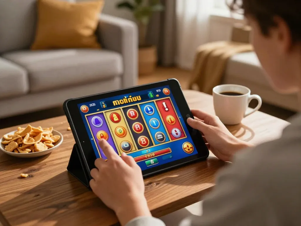 Person enjoying nohu slot games on a tablet in a cozy living room setup, showcasing online gaming excitement.