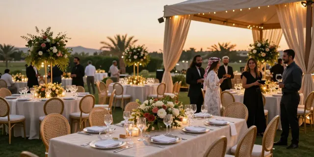Event furniture rental setup at a luxurious outdoor wedding reception in Saudi Arabia, showcasing stylish tables and chairs in a romantic atmosphere.