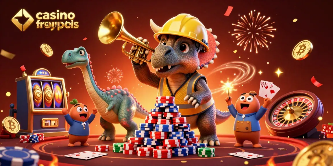 Illustration animée du triceratops construisant une pyramide de jetons de poker, mettant en avant le casino français crypto.
