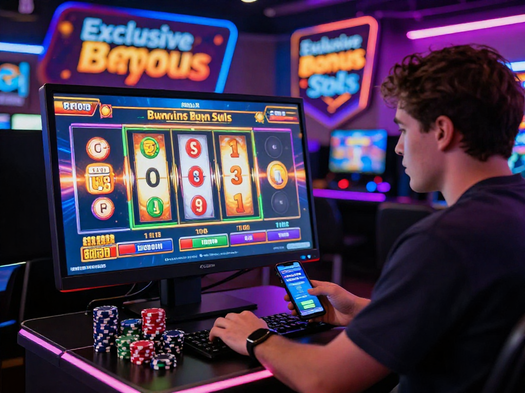 Player enjoying bonus buy slots in an energetic online casino setting, featuring colorful graphics and big win notifications.
