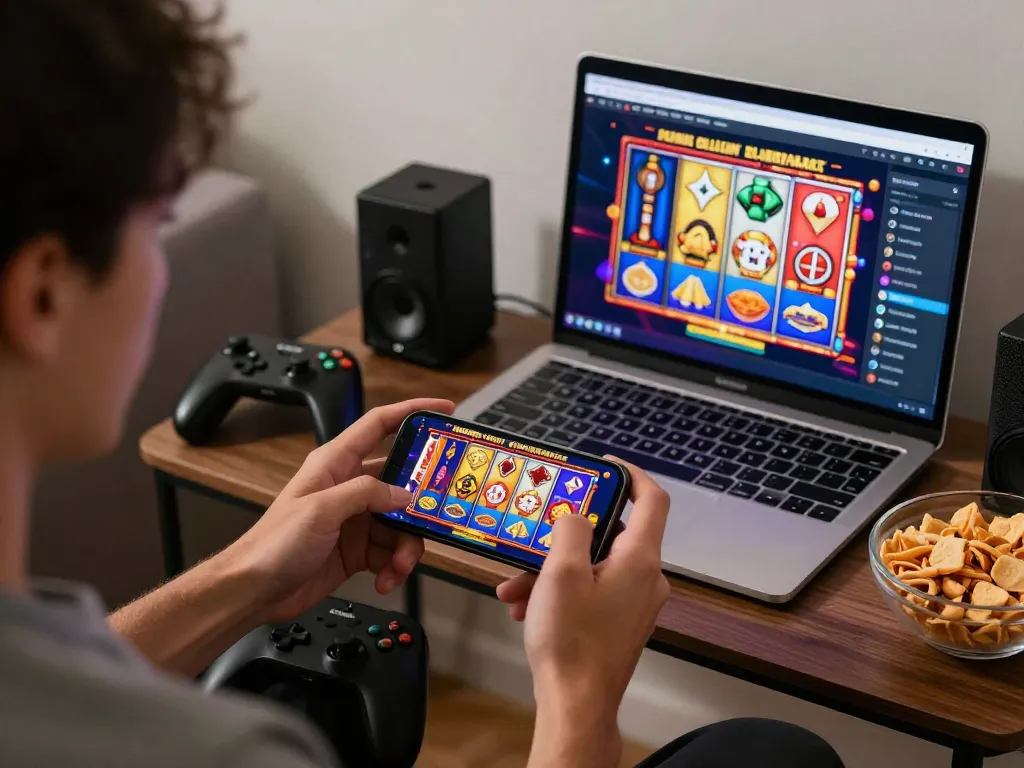 Player enjoying link gacor games on smartphone in cozy living room with snacks and gaming gear