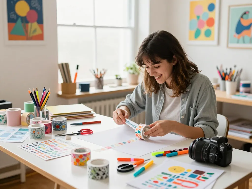 Young woman designing washi tape in a bright crafting studio, surrounded by colorful supplies.