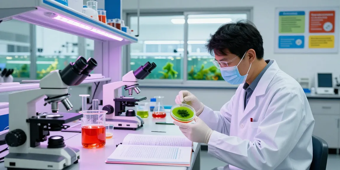 Researcher examining microalgae astaxanthin in a vibrant lab, showcasing health benefits and extraction.
