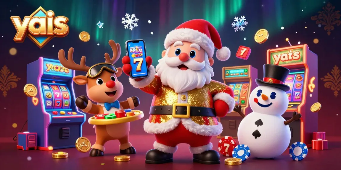 Experience the excitement of yais' casino games with Santa, his reindeer, and a snowman celebrating alongside jackpot slots and vibrant gaming elements.