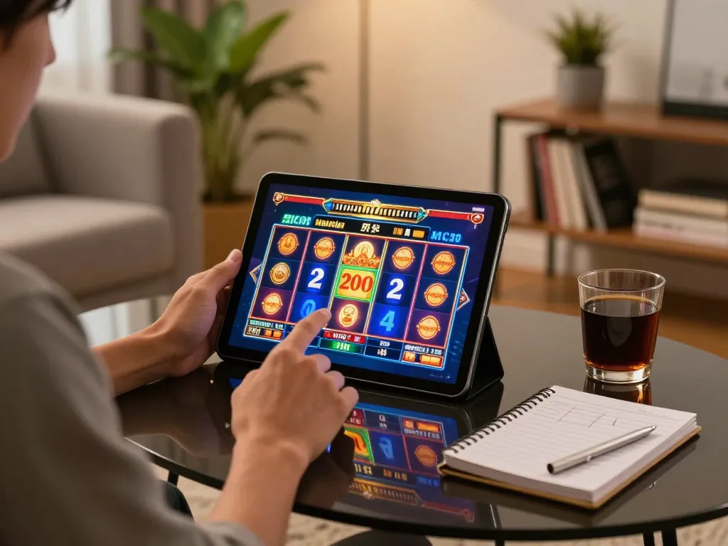 Engaging online casino gameplay with a slot bet 200 perak on the screen, showcasing a cozy home gaming setup.