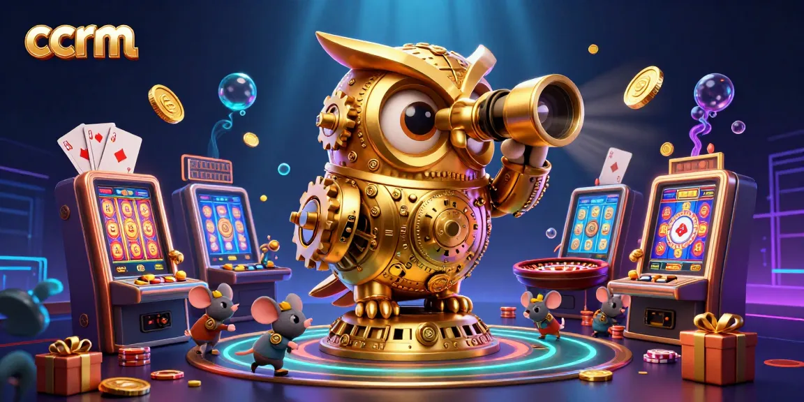 Play exciting games at ccrm's vibrant casino, featuring a golden owl, slots, and dynamic gaming elements.
