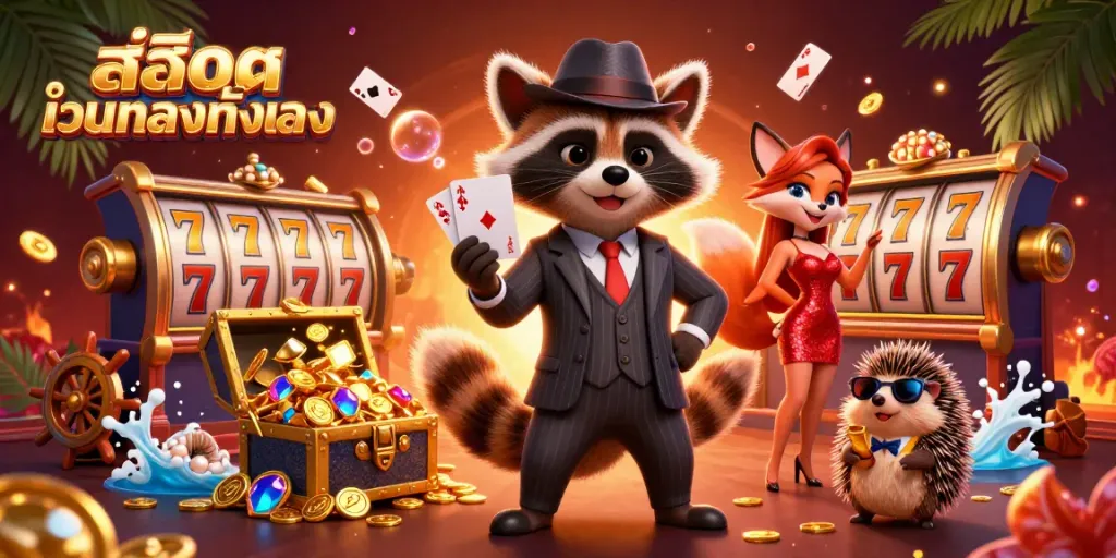 Engage with สล็อตเว็บตรงทั้งหมด through a lively 3D gaming scene featuring dynamic characters and vibrant slot reels.