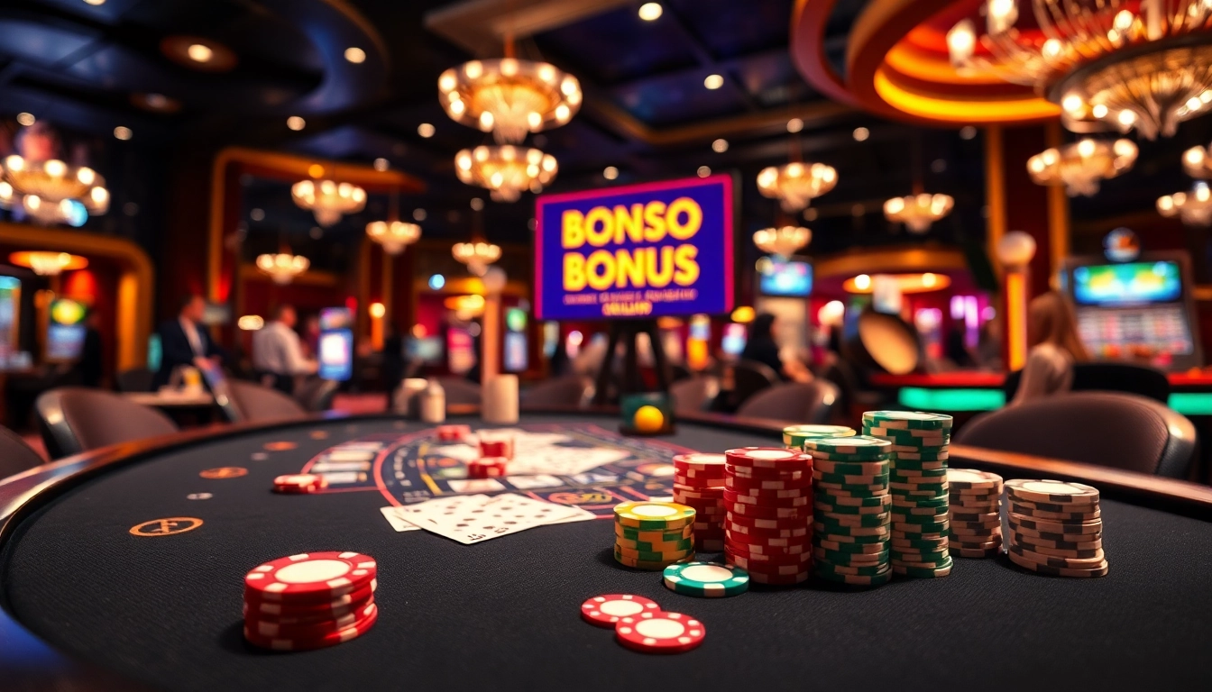 Erhalte den neuen casino bonus ohne einzahlung neu an einem eleganten Spieltisch mit bunten Chips und Karten.