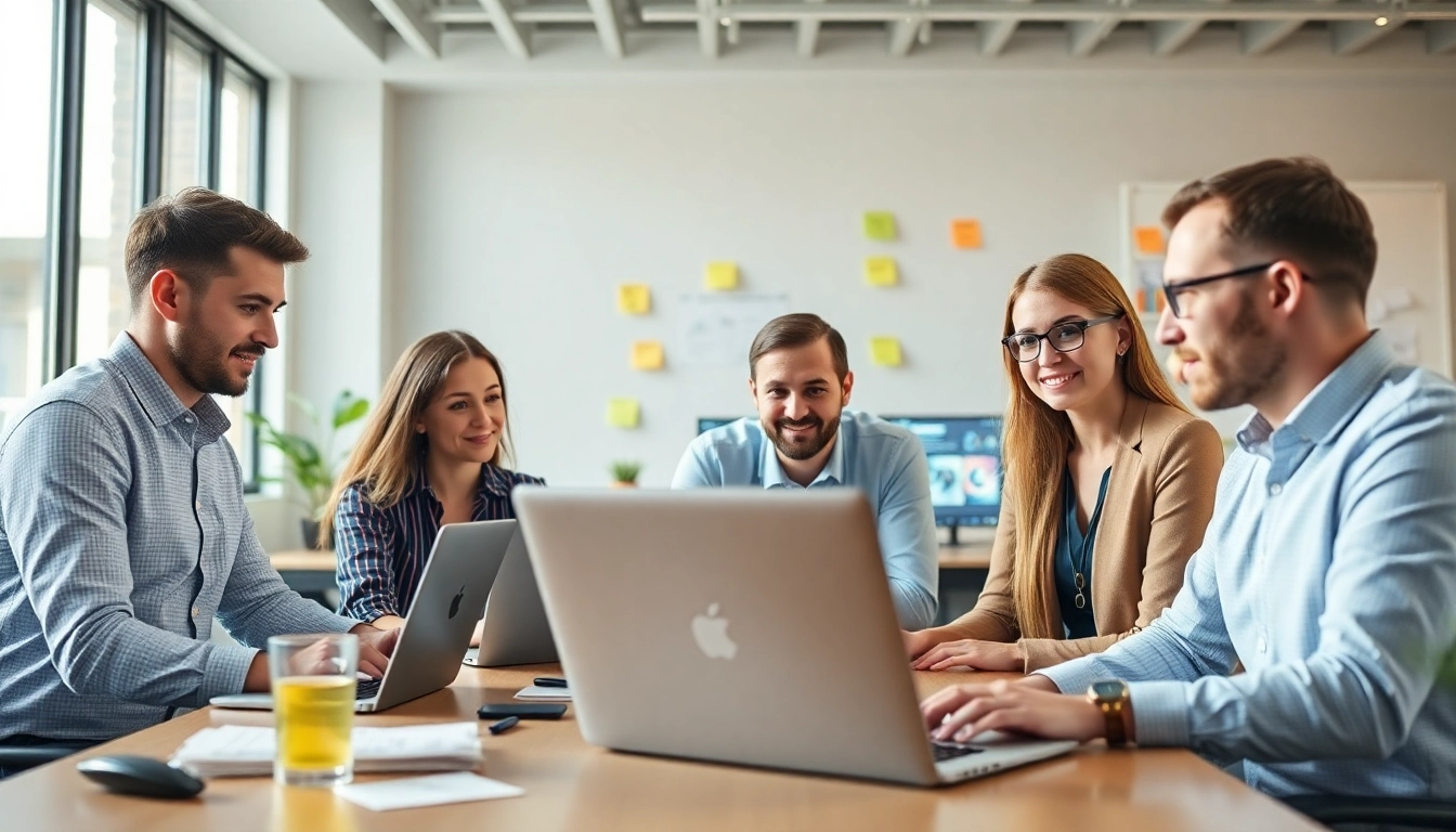 Chăm sóc website service team collaborating in a modern office