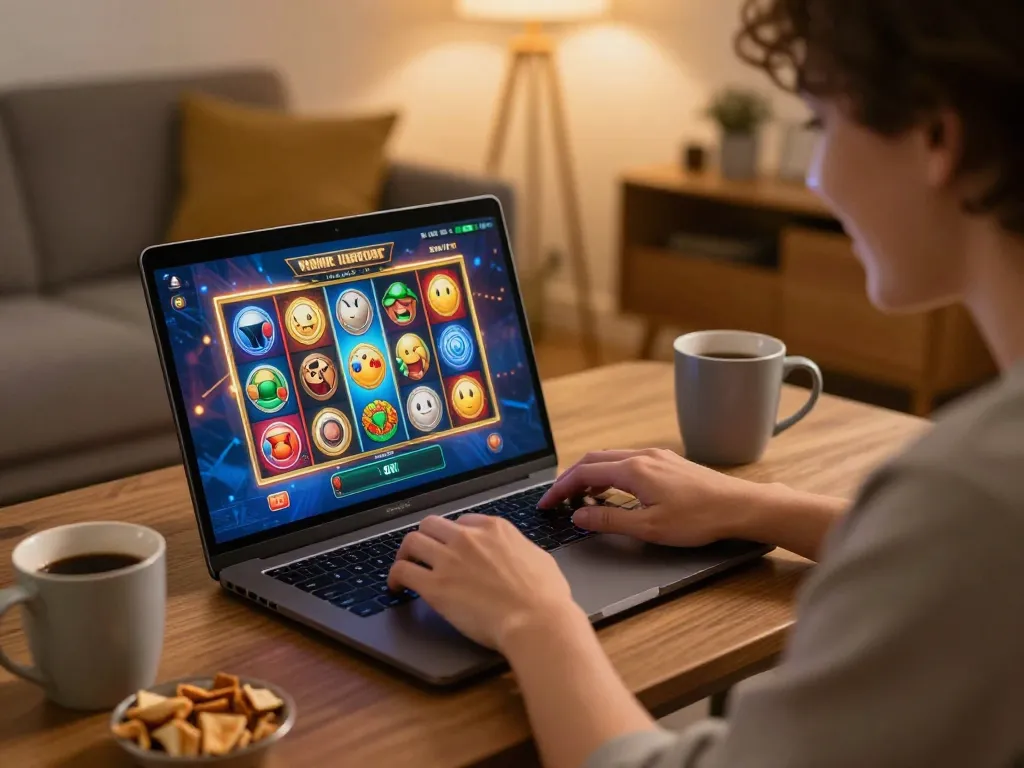 Playing exciting online slots on AGENSLOT188 at home with vibrant graphics and cozy atmosphere