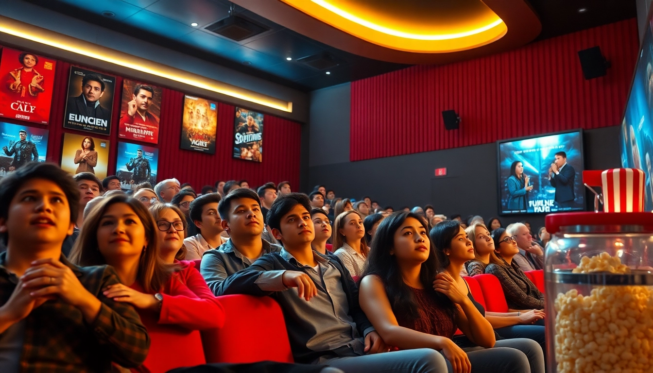 ดูหนัง ในโรงภาพยนตร์ที่มีผู้ชมตื่นเต้นกับฟิล์มใหม่