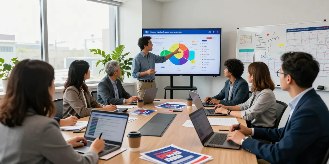 Expert political ad performance measurement analysis in a collaborative strategy meeting.