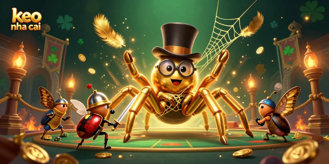 Engage with keo nha cai in a vibrant 3D digital illustration of a golden tarantula and beetle knight in a casino scene.