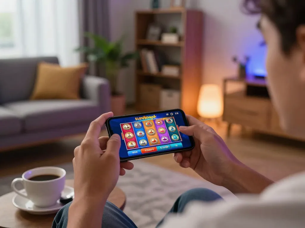 Player enjoying the sunwinapk app, showcasing a vibrant mobile gaming experience in a cozy setting.
