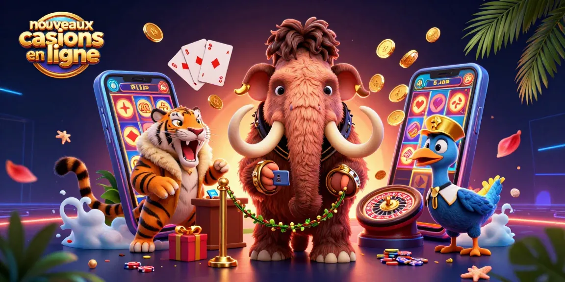 Nouveaux casinos en ligne : voit une scène dynamique avec un mammouth et un tigre acteur dans un cadre festif.