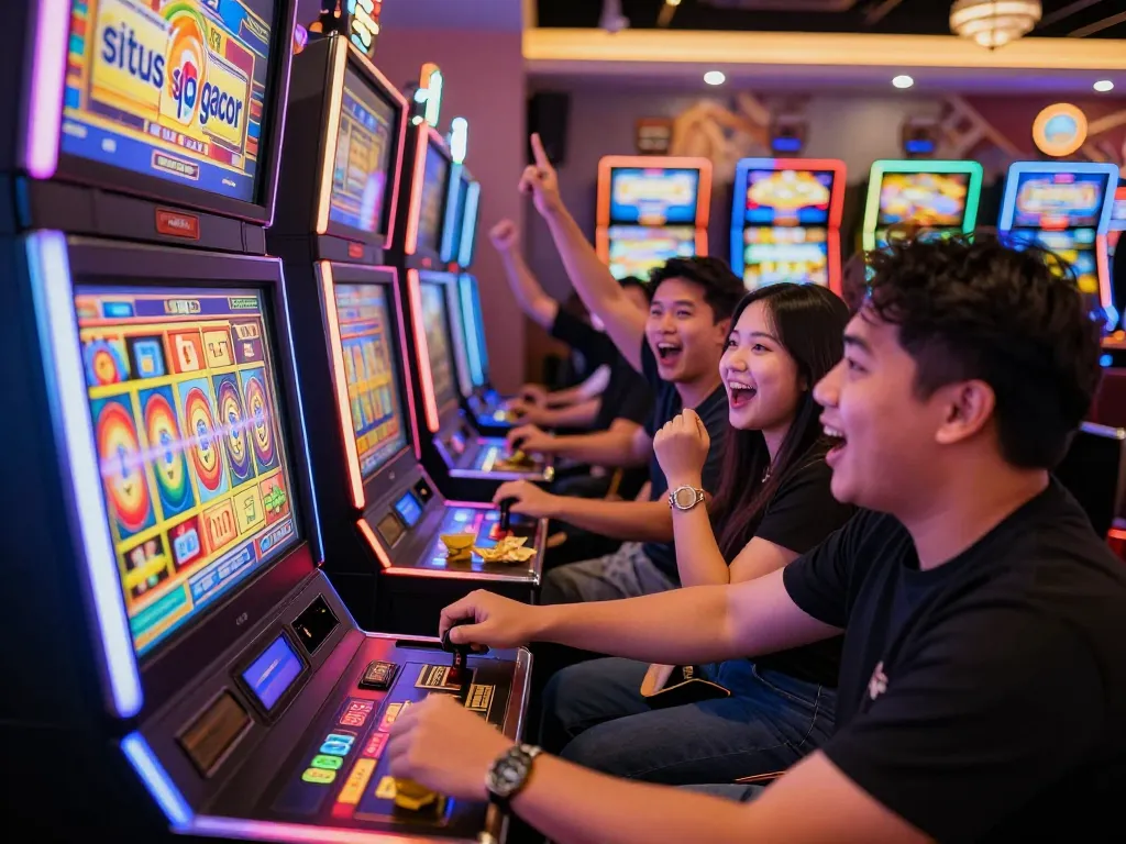 Sekelompok orang menikmati permainan di kasino situs slot gacor yang cerah untuk bersenang-senang dan kegembiraan.