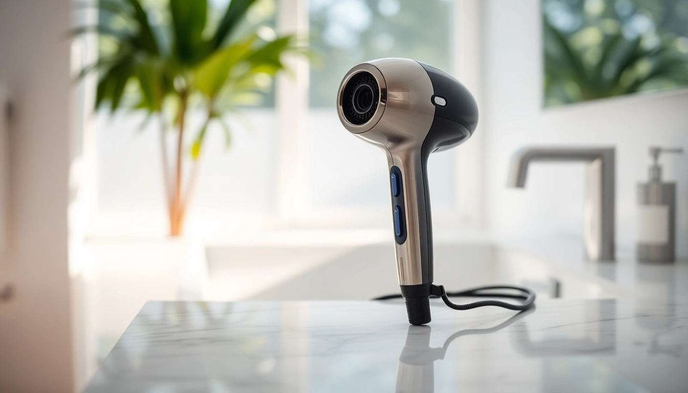 Using a hair dryer for fine hair to achieve smooth and voluminous styles in a modern setting.