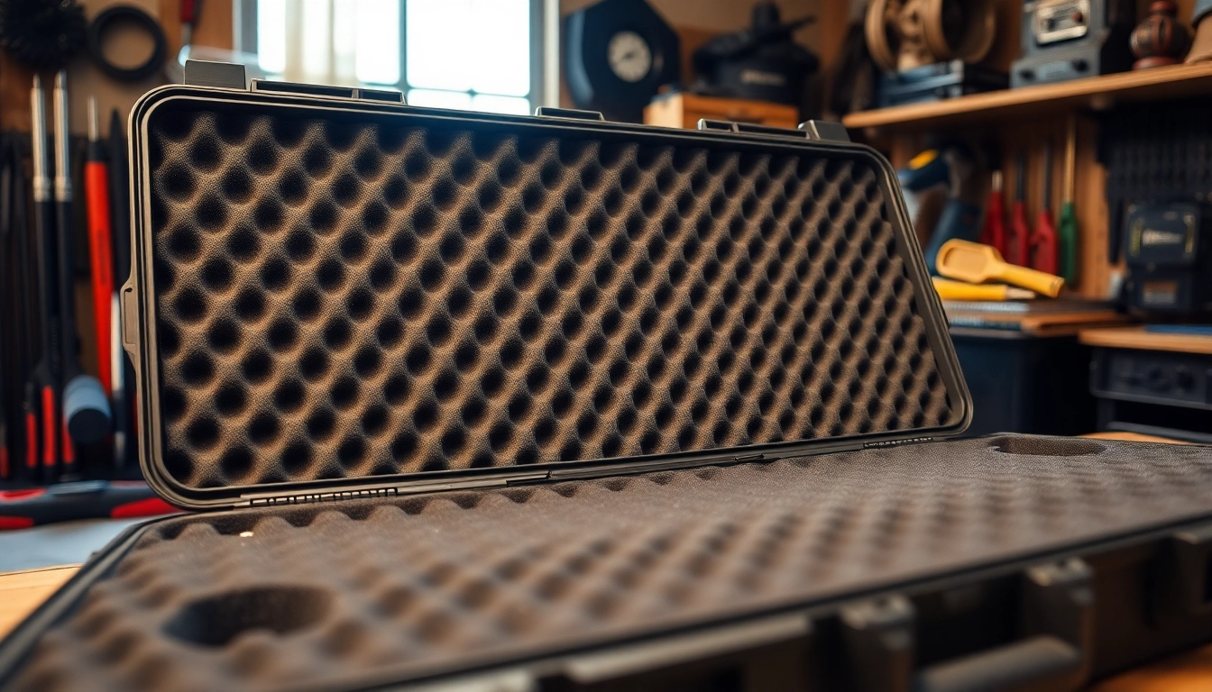 Highlighting foam for rifle case with precise cutouts and workshop setting details