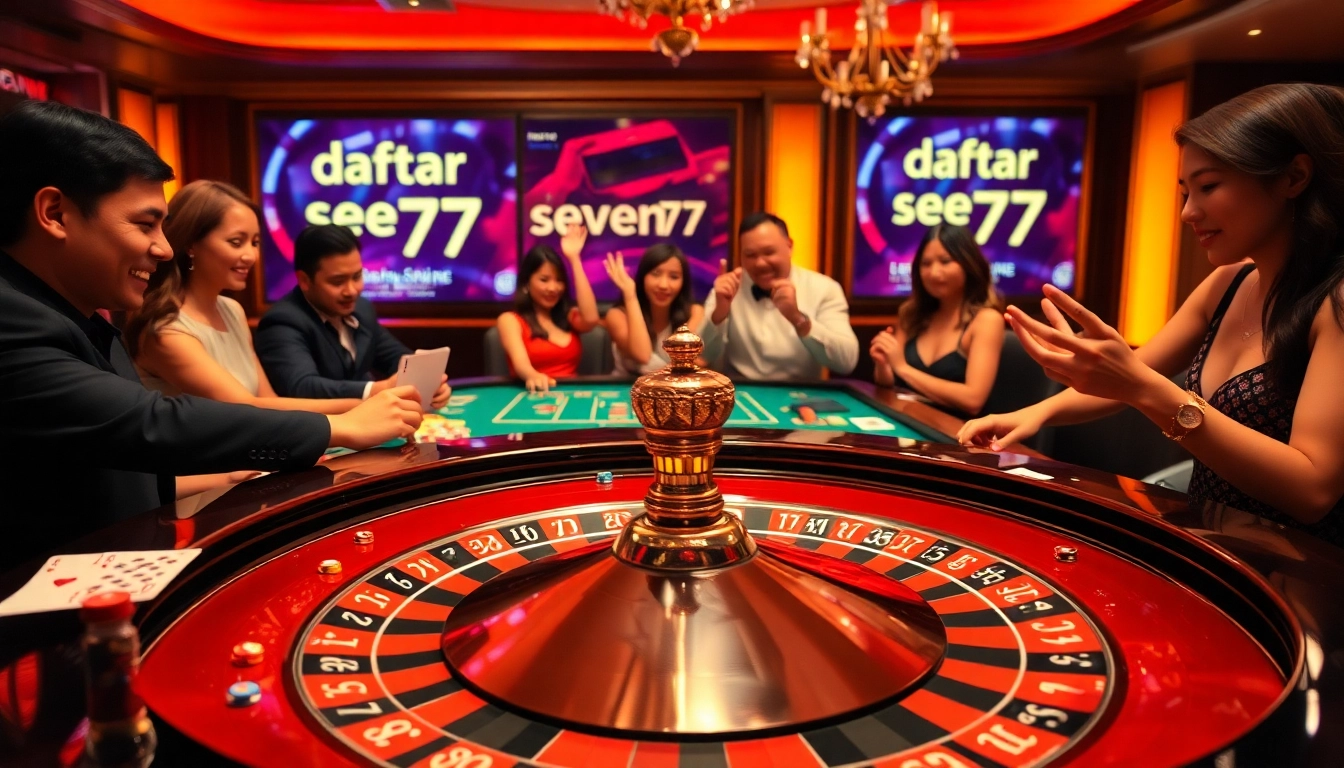 Engaging players enjoying the thrill of daftar seven77 at a luxurious casino table.