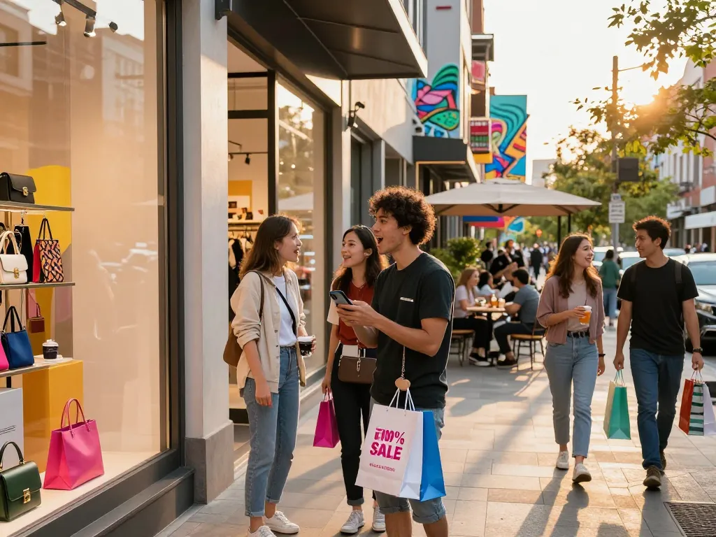 Excited shopper in urban district checking sales alerts on https://hubet88.icu/ while browsing trendy storefronts.