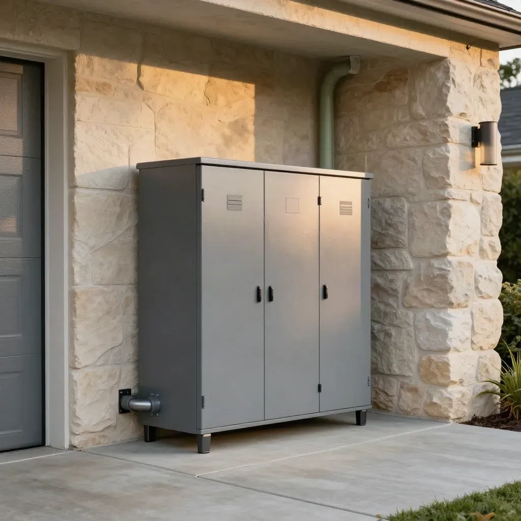 Wall-mounted home battery stack beside a garage door in warm late-afternoon shade.