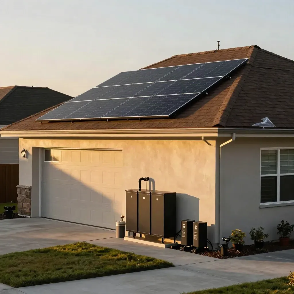 Suburban home with complete solar roof, battery cabinet, and service equipment in golden light.